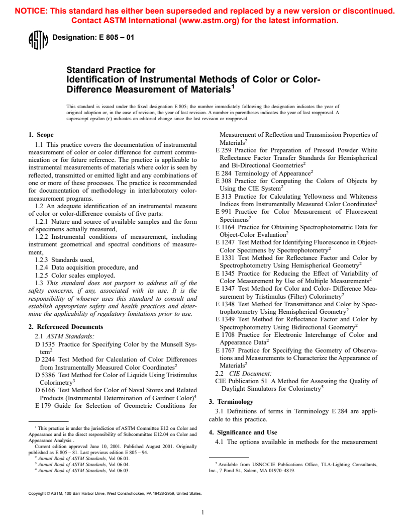ASTM E805-01 - Standard Practice for Identification of Instrumental Methods of Color or Color-Difference Measurement of Materials