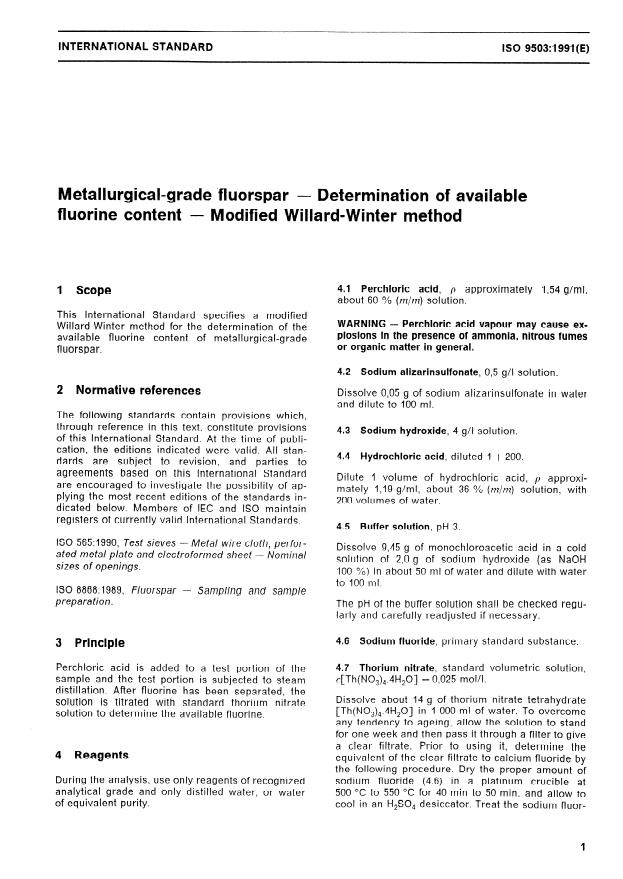 ISO 9503:1991 - Metallurgical-grade fluorspar -- Determination of available fluorine content -- Modified Willard-Winter method