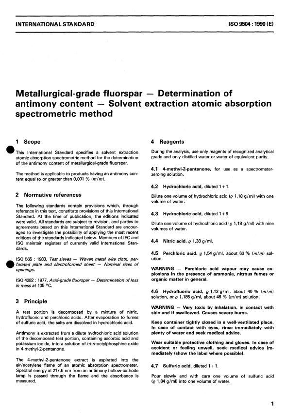 ISO 9504:1990 - Metallurgical-grade fluorspar -- Determination of antimony content -- Solvent extraction atomic absorption spectrometric method