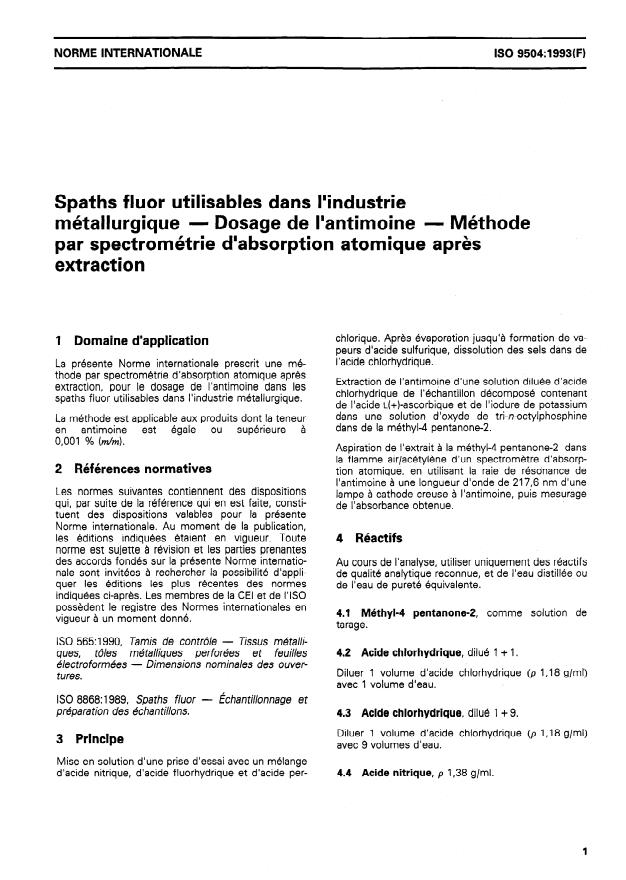 ISO 9504:1993 - Spaths fluor utilisables dans l'industrie métallurgique -- Dosage de l'antimoine -- Méthode par spectrométrie d'absorption atomique apres extraction