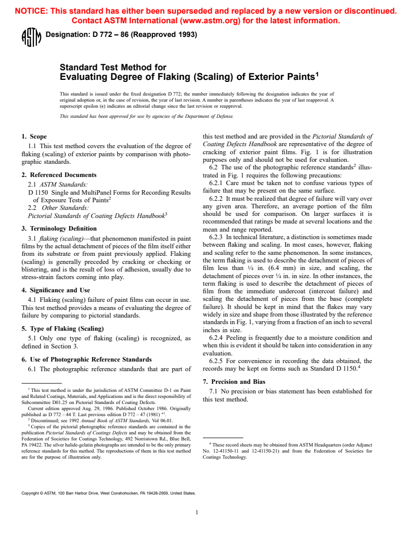 ASTM D772-86(1993) - Standard Test Method for Evaluating Degree of Flaking (Scaling) of Exterior Paints