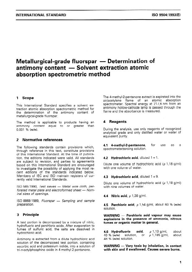ISO 9504:1993 - Metallurgical-grade fluorspar -- Determination of antimony content -- Solvent extraction atomic absorption spectrometric method