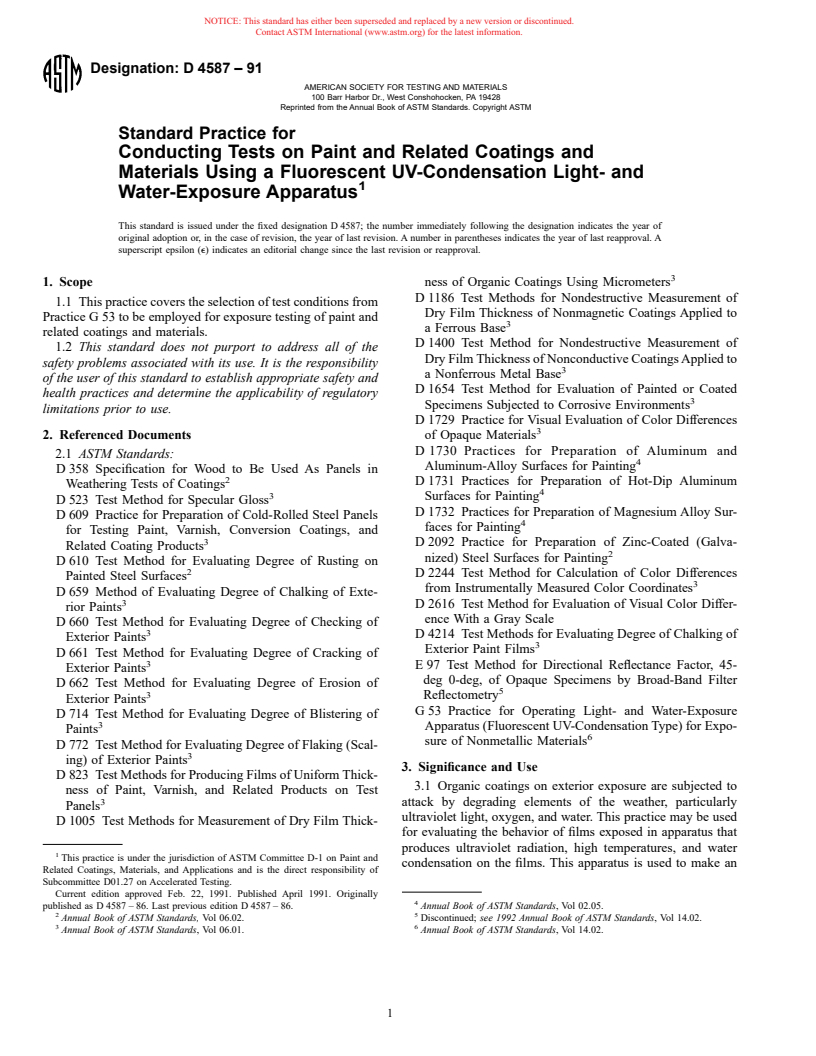 ASTM D4587-91 - Standard Practice for Fluorescent UV-Condensation Exposures of Paint and Related Coatings