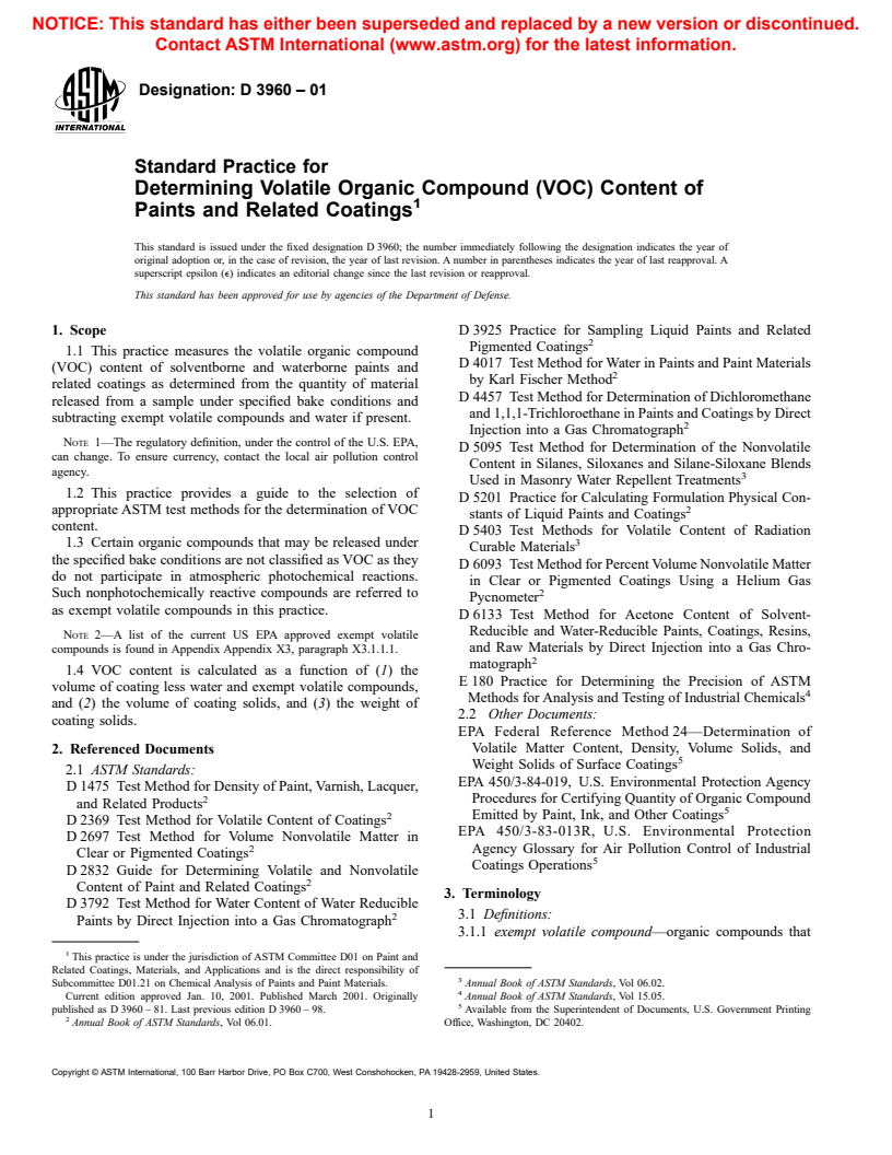 ASTM D3960-01 - Standard Practice for Determining Volatile Organic Compound (VOC) Content of Paints and Related Coatings