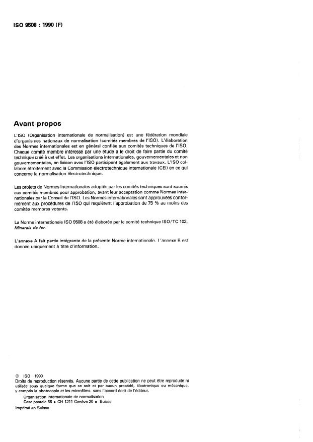 ISO 9508:1990 ISO 9508:1990 - Minerais de fer -- Dosage du fer total -- Méthode titrimétrique par réduction a l'argent - Page 2 preview