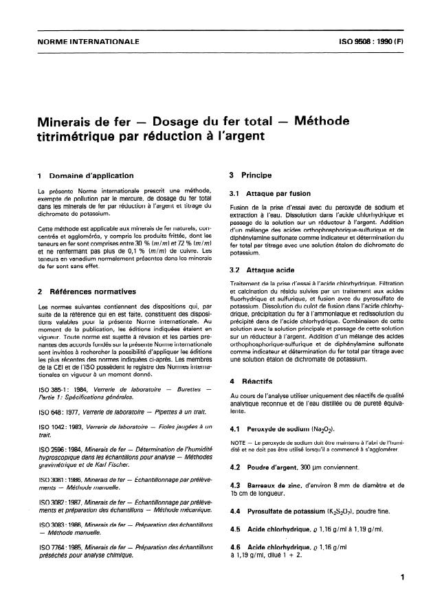 ISO 9508:1990 - Minerais de fer -- Dosage du fer total -- Méthode titrimétrique par réduction a l'argent