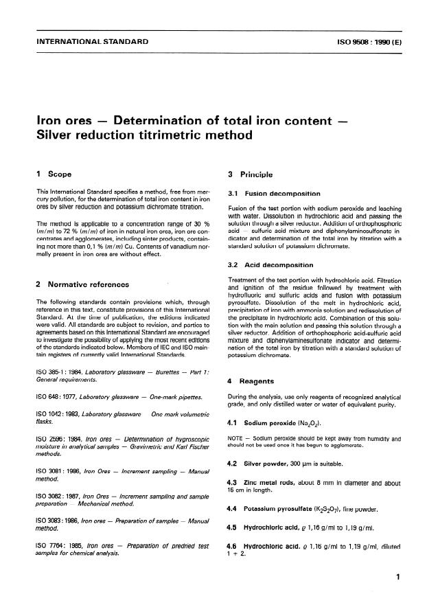 ISO 9508:1990 - Iron ores -- Determination of total iron content -- Silver reduction titrimetric method