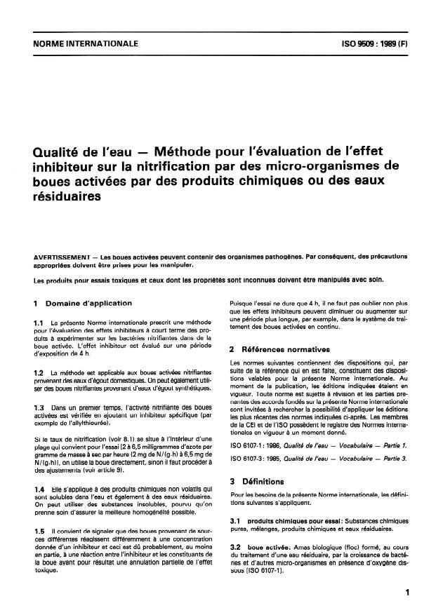 ISO 9509:1989 - Qualité de l'eau -- Méthode pour l'évaluation de l'effet inhibiteur sur la nitrification par des micro-organismes de boues activées par des produits chimiques ou des eaux résiduaires
