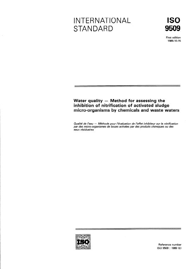 ISO 9509:1989 - Water quality -- Method for assessing the inhibition of nitrification of activated sludge micro-organisms by chemicals and waste waters