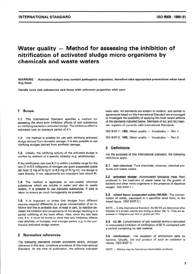 ISO 9509:1989 - Water quality -- Method for assessing the inhibition of nitrification of activated sludge micro-organisms by chemicals and waste waters
