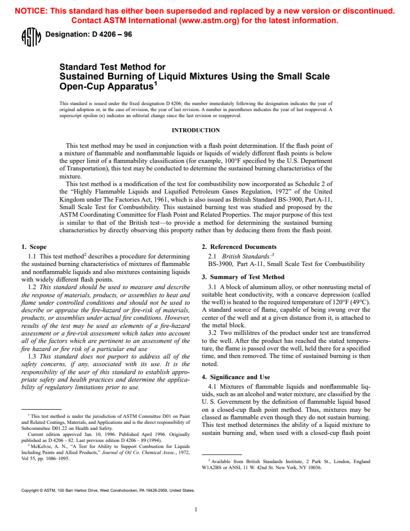 ASTM D4206-96 - Standard Test Method for Sustained Burning of Liquid Mixtures Using the Small Scale Open-Cup Apparatus