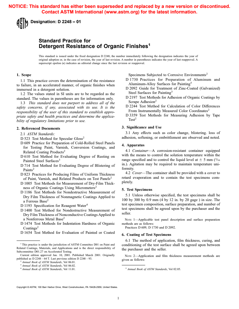 ASTM D2248-01 - Standard Practice for Detergent Resistance of Organic Finishes