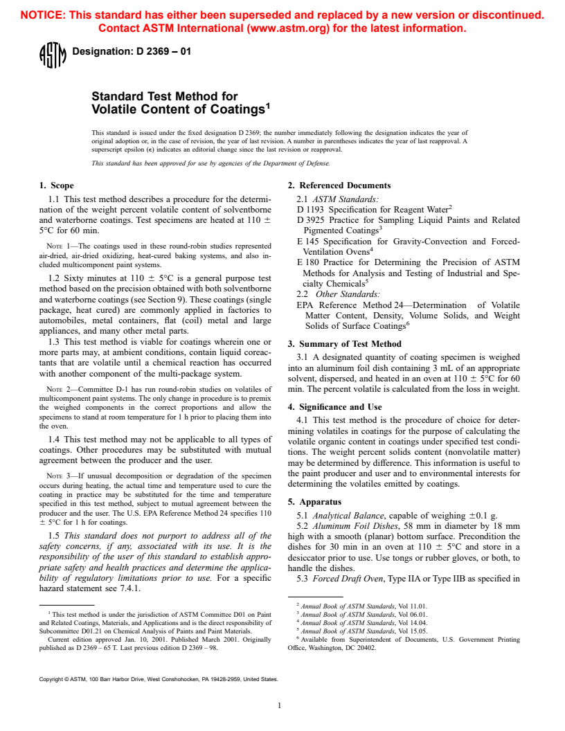 ASTM D2369-01 - Standard Test Method for Volatile Content of Coatings