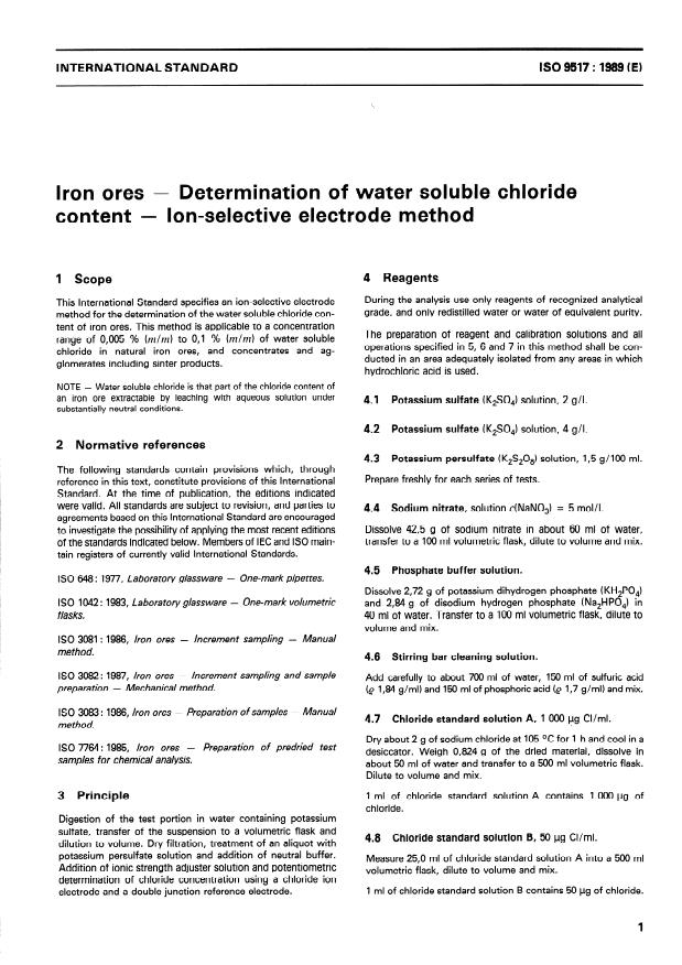 ISO 9517:1989 - Iron ores -- Determination of water soluble chloride content -- Ion-selective electrode method