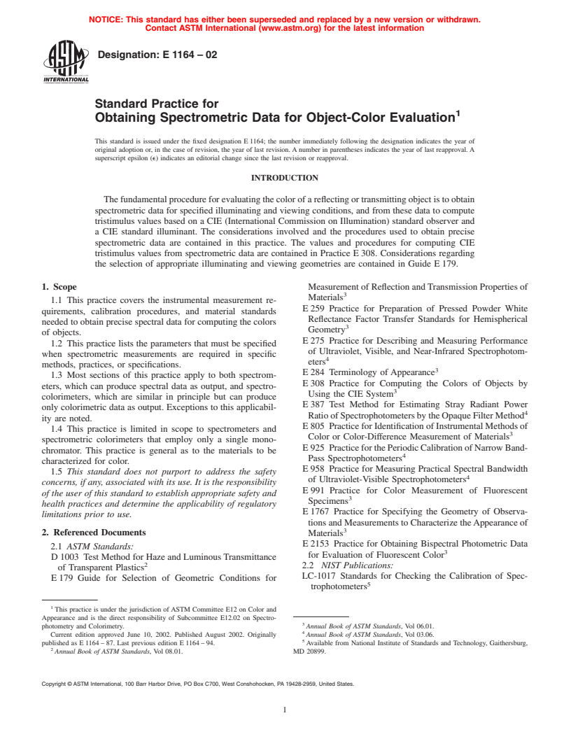 ASTM E1164-02 - Standard Practice for Obtaining Spectrometric Data for Object-Color Evaluation