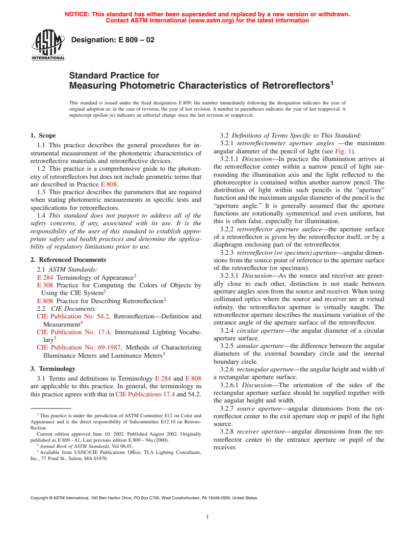 ASTM E809-02 - Standard Practice for Measuring Photometric Characteristics of Retroreflectors