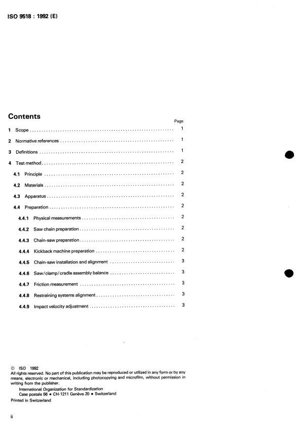 ISO 9518:1992 ISO 9518:1992 - Forestry machinery -- Portable chain-saws -- Kickback test - Page 2 preview