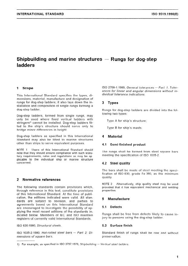 ISO 9519:1990 - Shipbuilding and marine structures -- Rungs for dog-step ladders