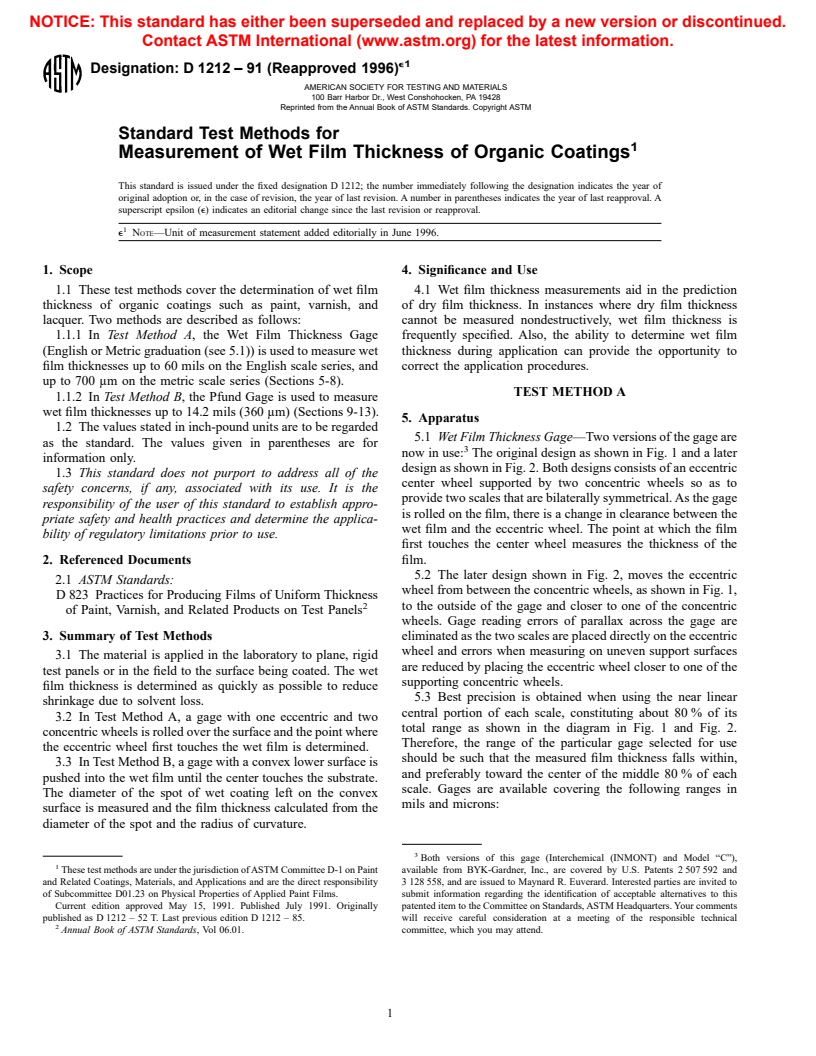 ASTM D1212-91(1996)e1 - Standard Test Methods for Measurement of Wet Film Thickness of Organic Coatings