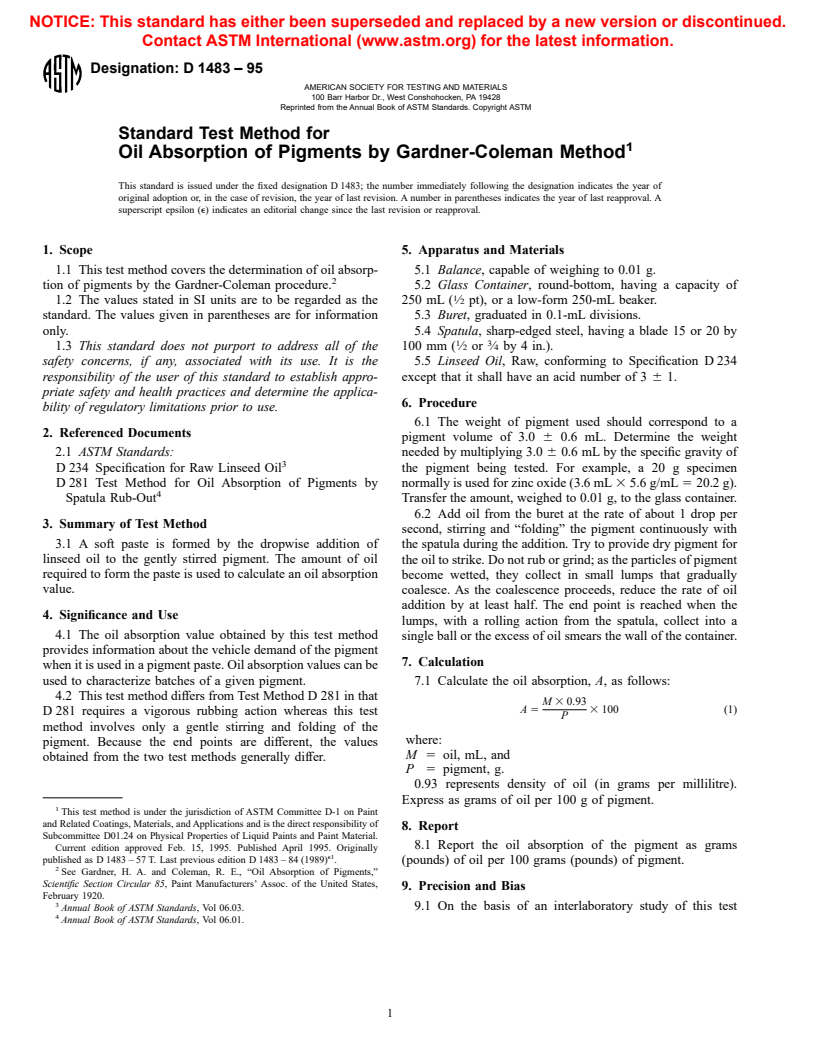 ASTM D1483-95 - Standard Test Method for Oil Absorption of Pigments by Gardner-Coleman Method