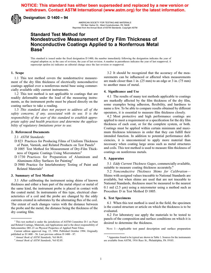 ASTM D1400-94 - Standard Test Method for Nondestructive Measurement of Dry Film Thickness of Nonconductive Coatings Applied to a Nonferrous Metal Base