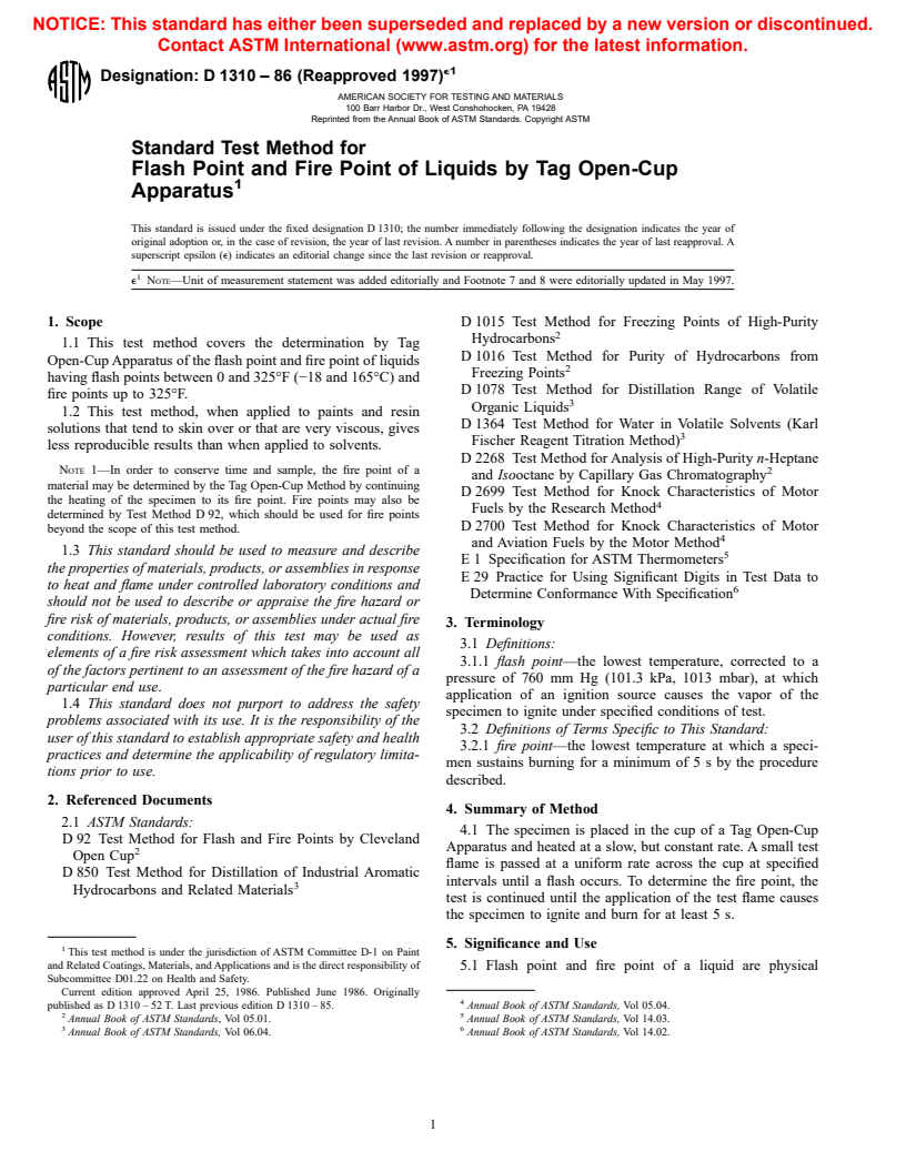 ASTM D1310-86(1997)e1 - Standard Test Method for Flash Point and Fire Point of Liquids by Tag Open-Cup Apparatus