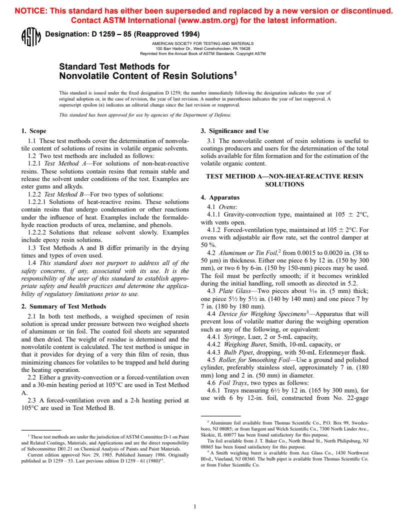 ASTM D1259-85(1994) - Standard Test Methods for Nonvolatile Content of Resin Solutions