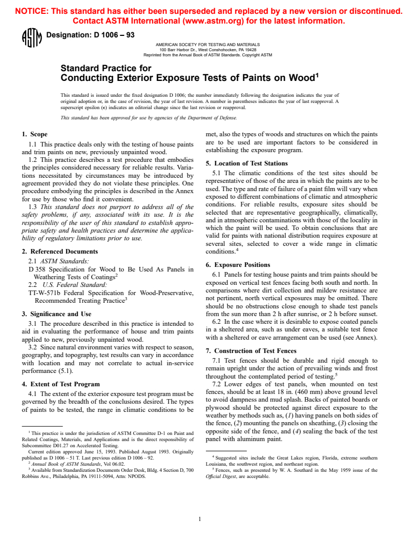 ASTM D1006-93 - Standard Practice for Conducting Exterior Exposure Tests of Paints on Wood