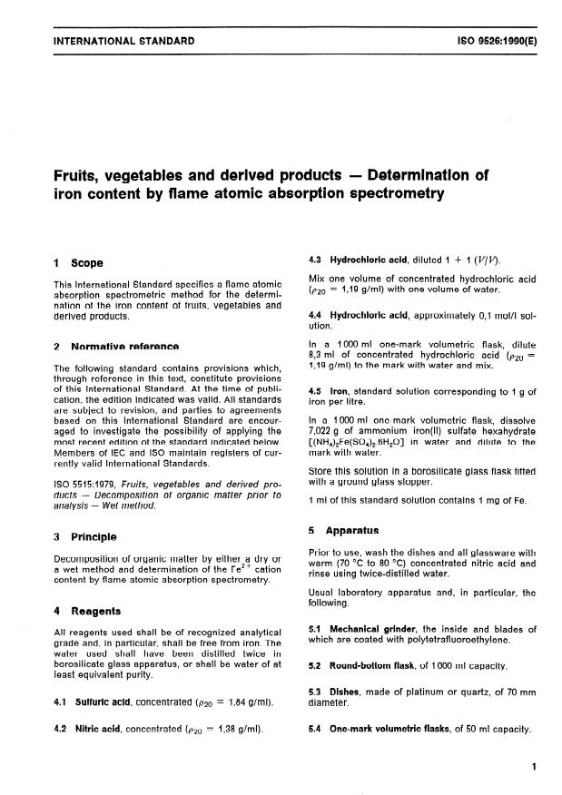 ISO 9526:1990 - Fruits, vegetables and derived products -- Determination of iron content by flame atomic absorption spectrometry