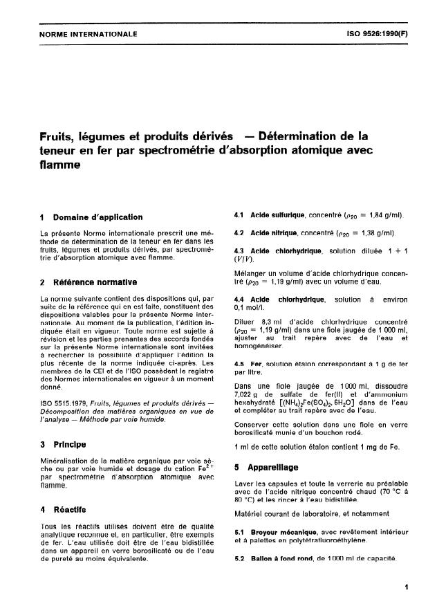 ISO 9526:1990 - Fruits, légumes et produits dérivés -- Détermination de la teneur en fer par spectrométrie d'absorption atomique avec flamme