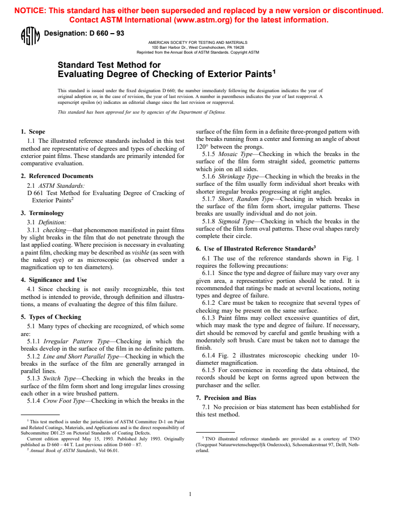 ASTM D660-93 - Standard Test Method for Evaluating Degree of Checking of Exterior Paints