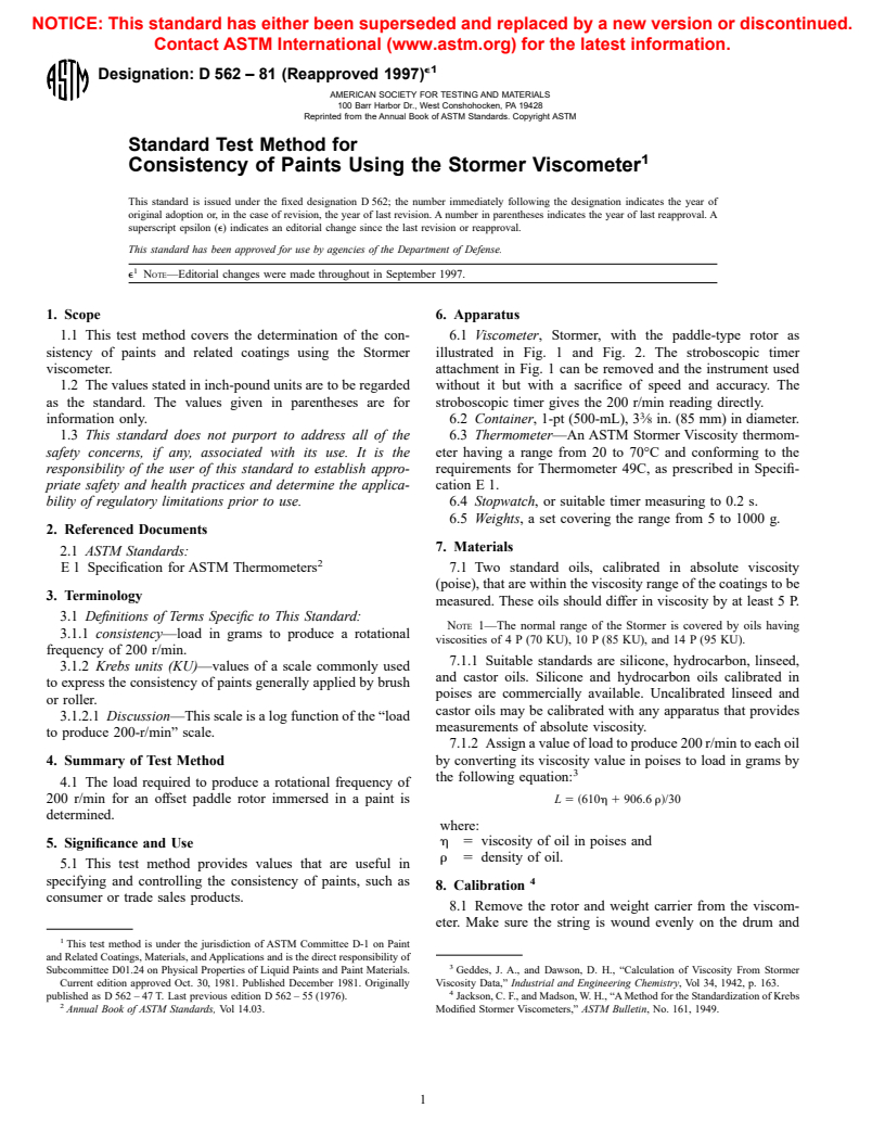 ASTM D562-81(1997)e1 - Standard Test Method for Consistency of Paints Measuring Krebs Unit (KU) Visosity Using a Stormer-Type Viscometer