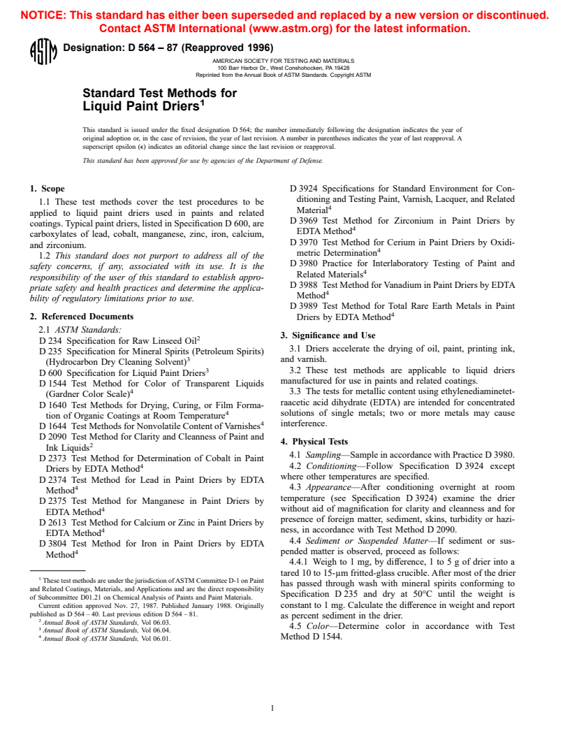 ASTM D564-87(1996) - Standard Test Methods for Liquid Paint Driers