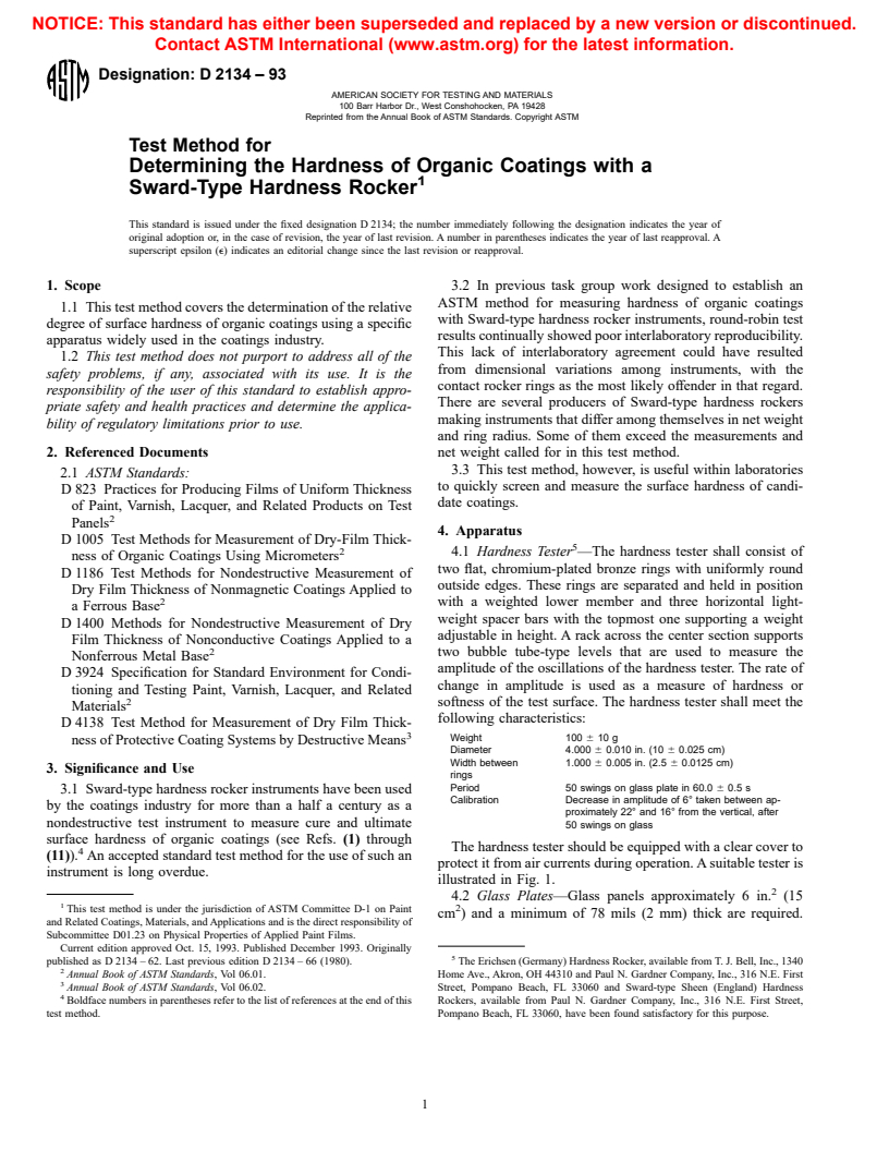 ASTM D2134-93 - Test Method for Determining the Hardness of Organic Coatings with a Sward-Type Hardness Rocker