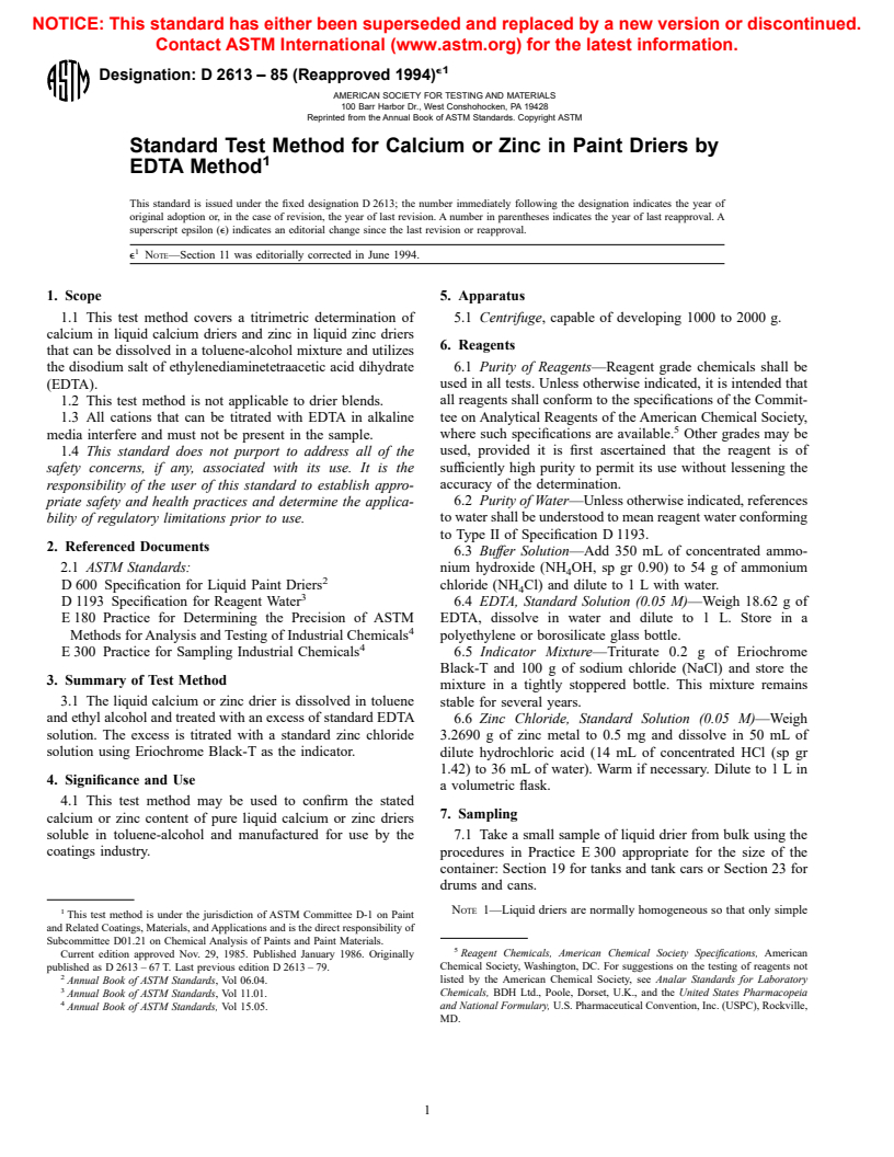 ASTM D2613-85(1994)e1 - Standard Test Method for Calcium or Zinc in Paint Driers by EDTA Method