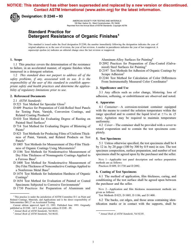 ASTM D2248-93 - Standard Practice for Detergent Resistance of Organic Finishes