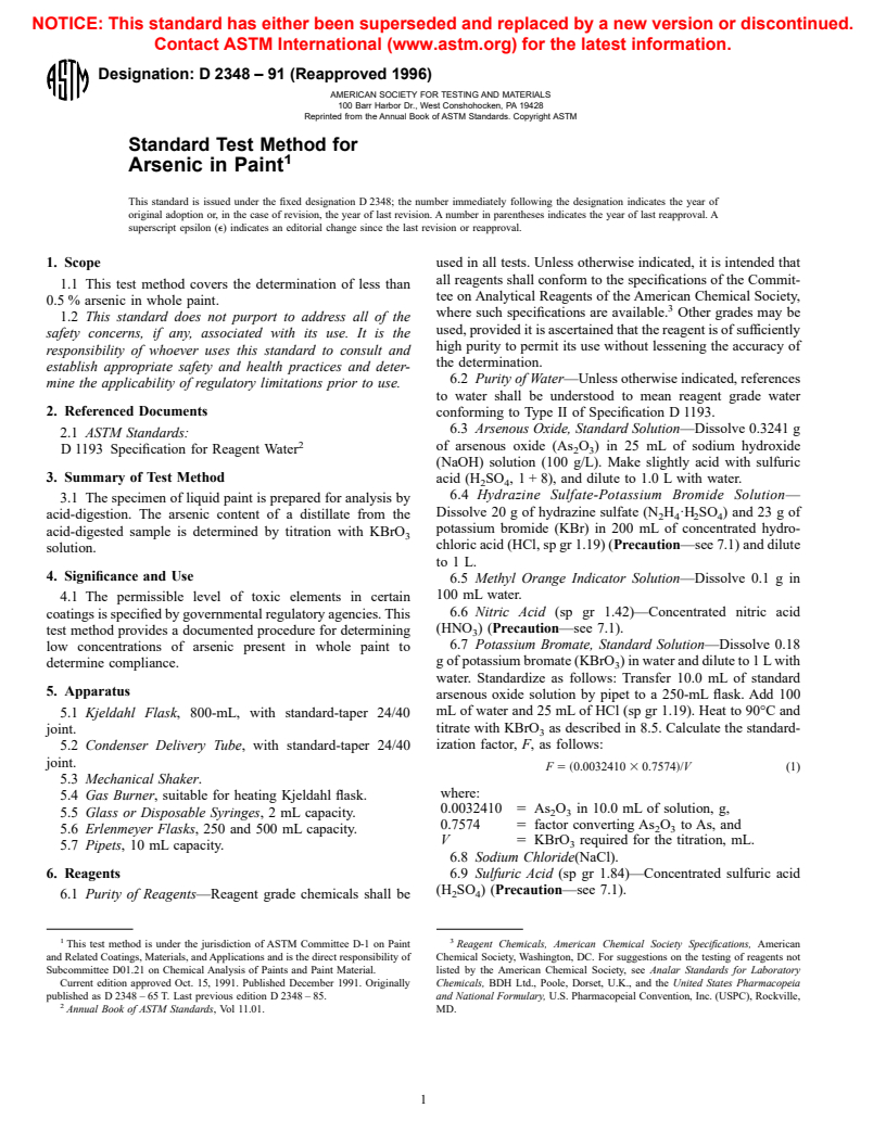 ASTM D2348-91(1996) - Standard Test Method for Arsenic in Paint
