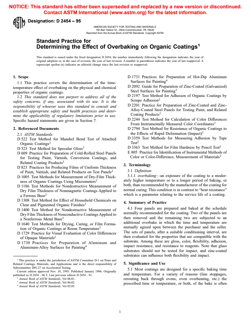 ASTM D2454-95 - Standard Practice for Determining the Effect of Overbaking on Organic Coatings