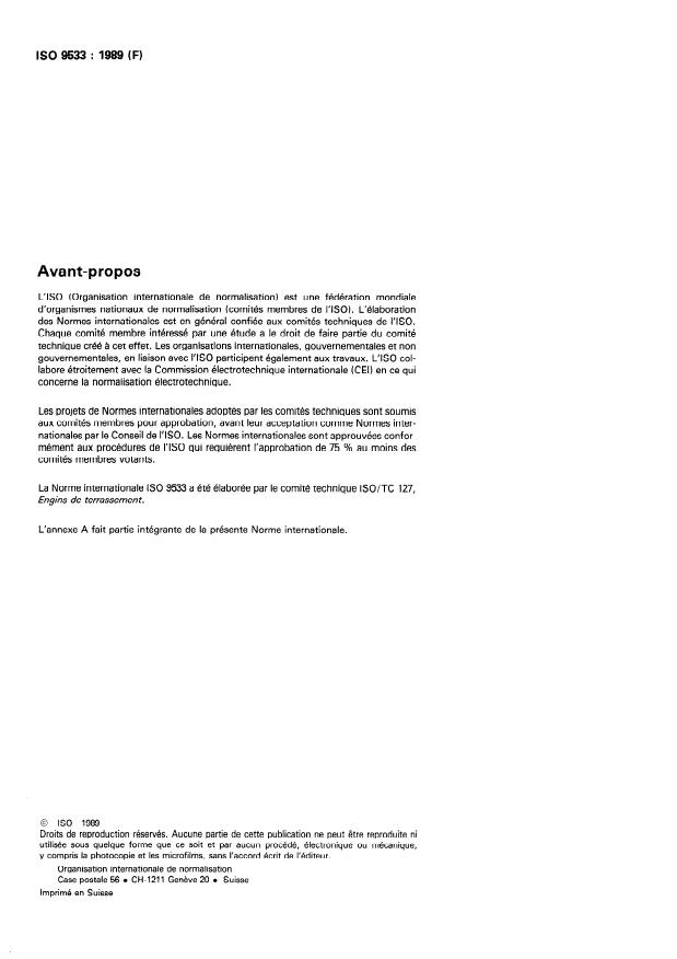 ISO 9533:1989 ISO 9533:1989 - Engins de terrassement -- Avertisseurs sonores de marche avant et de marche arriere montés sur engins -- Méthode d'essai acoustique - Page 2 preview