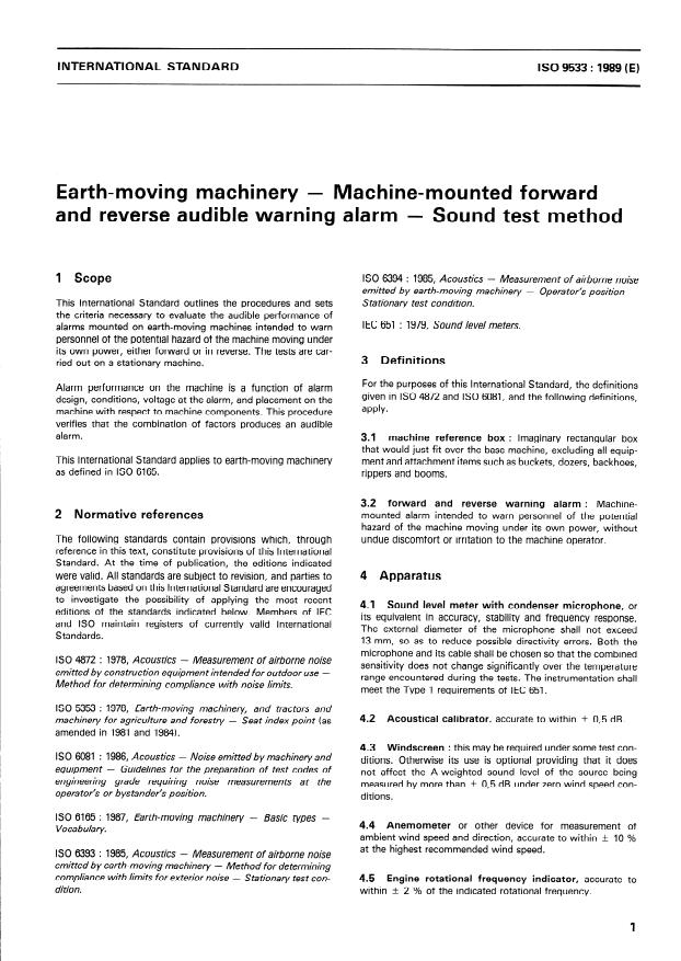 ISO 9533:1989 - Earth-moving machinery -- Machine-mounted forward and reverse audible warning alarm -- Sound test method