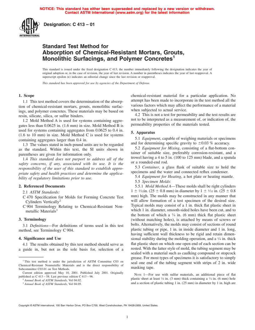 ASTM C413-01 - Standard Test Method for Absorption of Chemical-Resistant Mortars, Grouts, and Monolithic Surfacings and Polymer Concretes