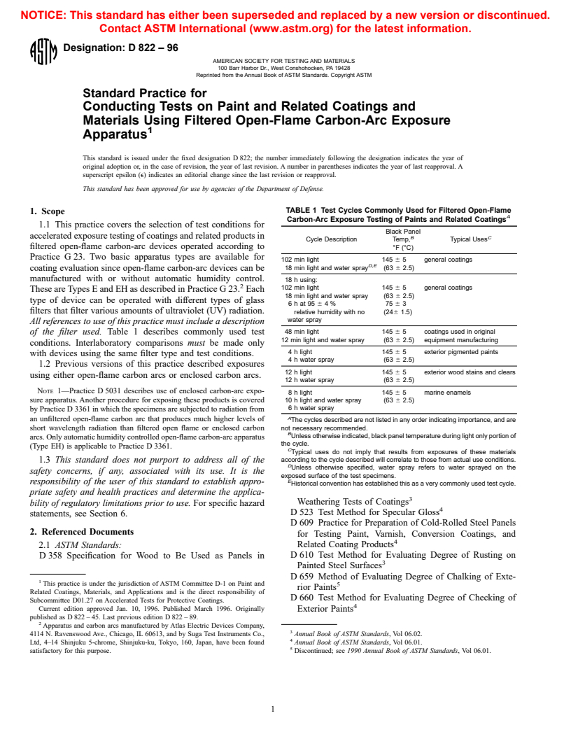 ASTM D822-96 - Standard Practice for Filtered Open-Flame Carbon-Arc Exposures of Paint and Related Coatings