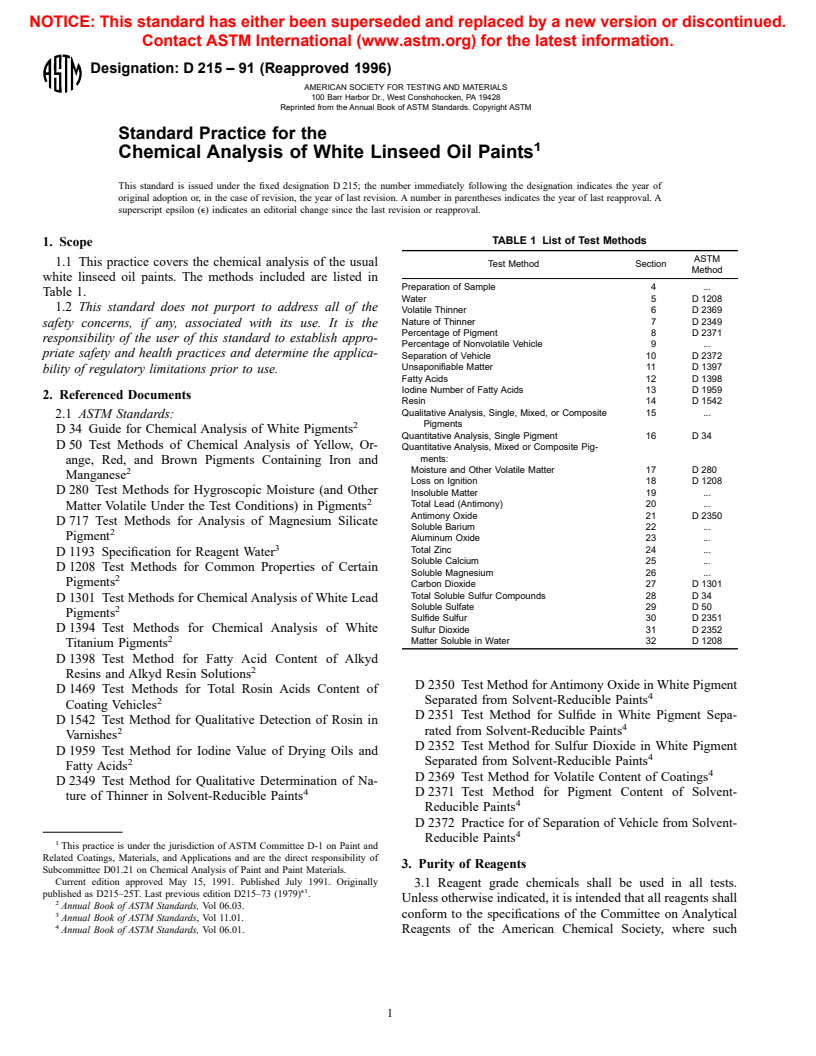 ASTM D215-91(1996) - Standard Practice for the Chemical Analysis of White Linseed Oil Paints