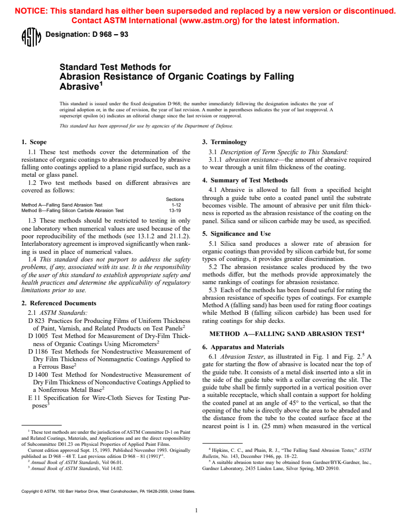 ASTM D968-93 - Standard Test Methods for Abrasion Resistance of Organic Coatings by Falling Abrasive