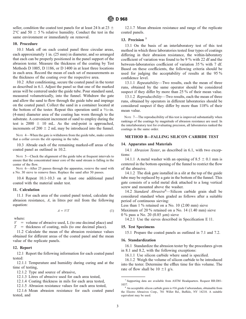 ASTM D968-93 - Standard Test Methods for Abrasion Resistance of Organic Coatings by Falling Abrasive