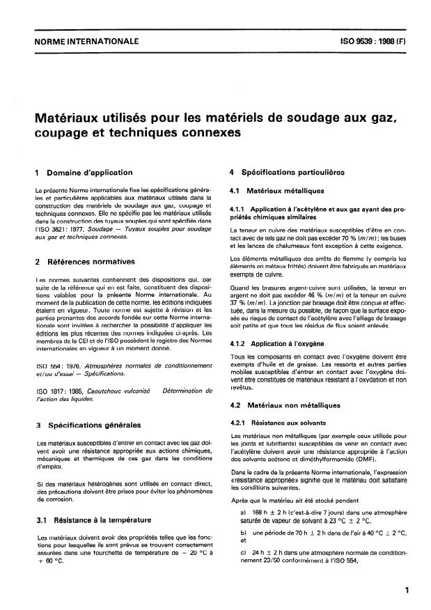 ISO 9539:1988 - Matériaux utilisés pour les matériels de soudage aux gaz, coupage et techniques connexes