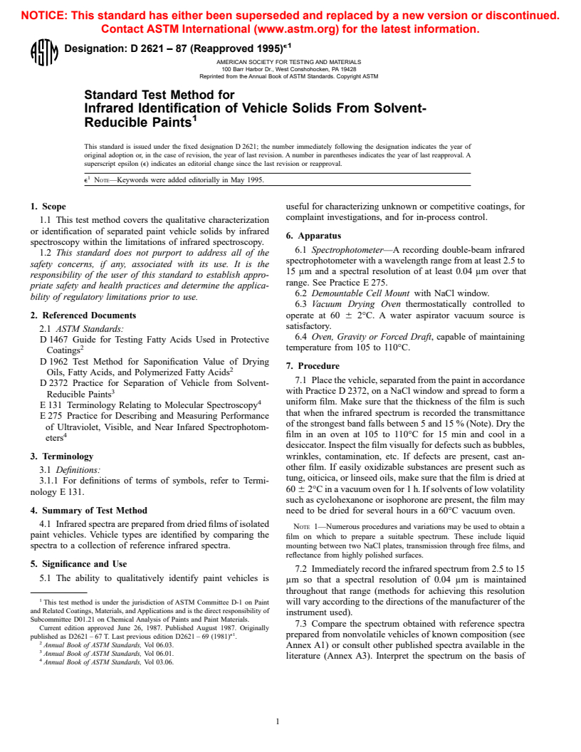 ASTM D2621-87(1995)e1 - Standard Test Method for Infrared Identification of Vehicle Solids From Solvent-Reducible Paints