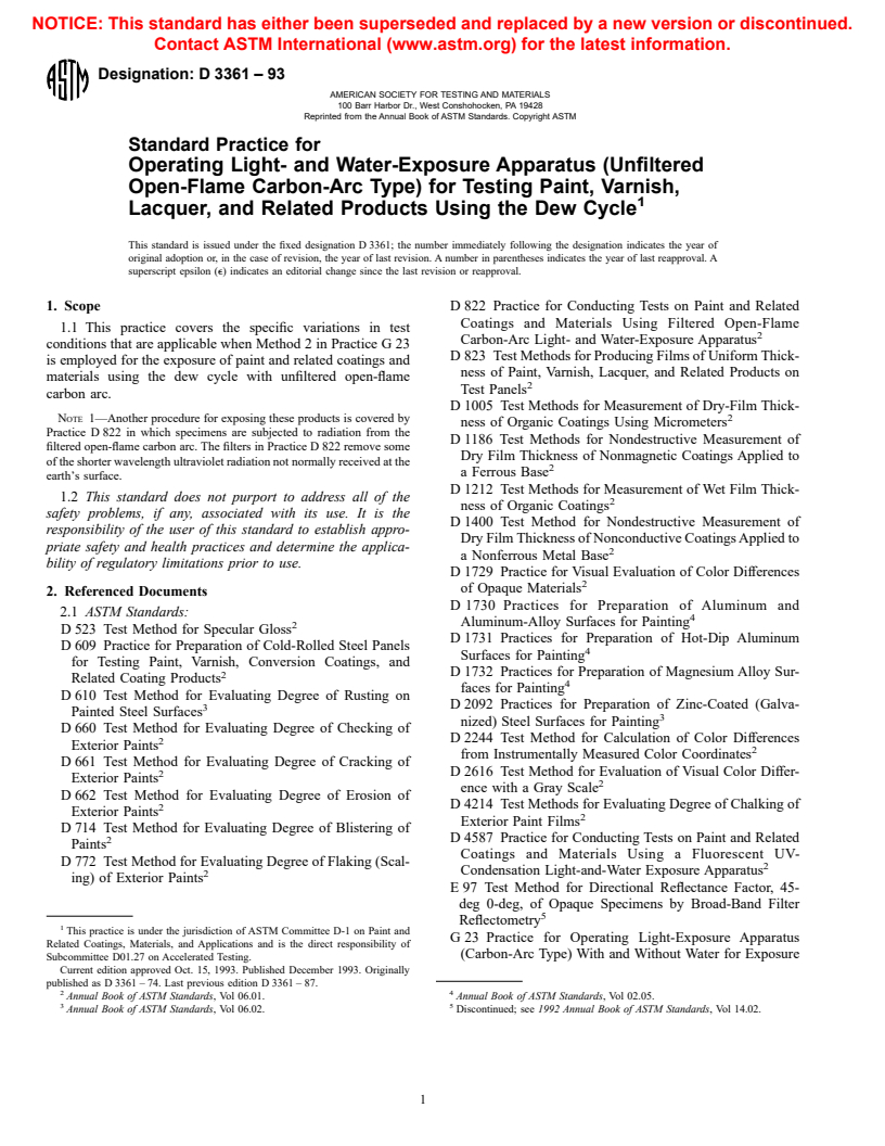 ASTM D3361-93 - Standard Practice for Unfiltered Open-Flame Carbon-Arc Exposures of Paint and Related Coatings