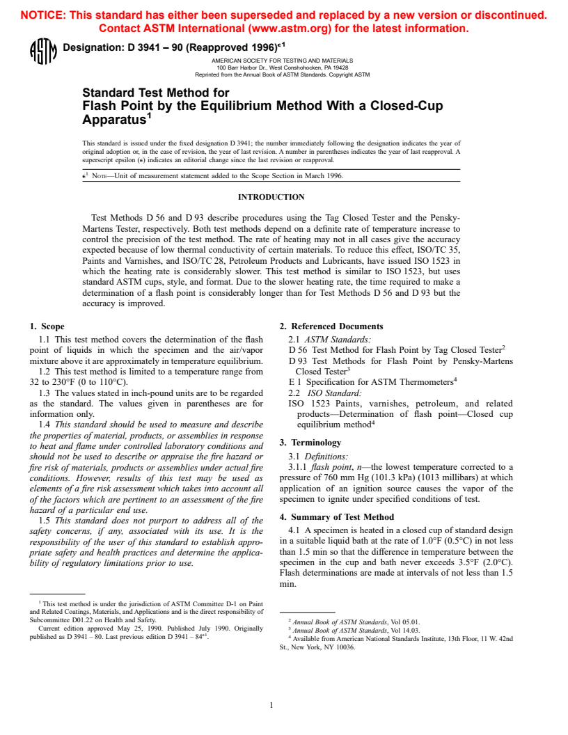 ASTM D3941-90(1996)e1 - Standard Test Method for Flash Point by the Equilibrium Method With a Closed-Cup Apparatus