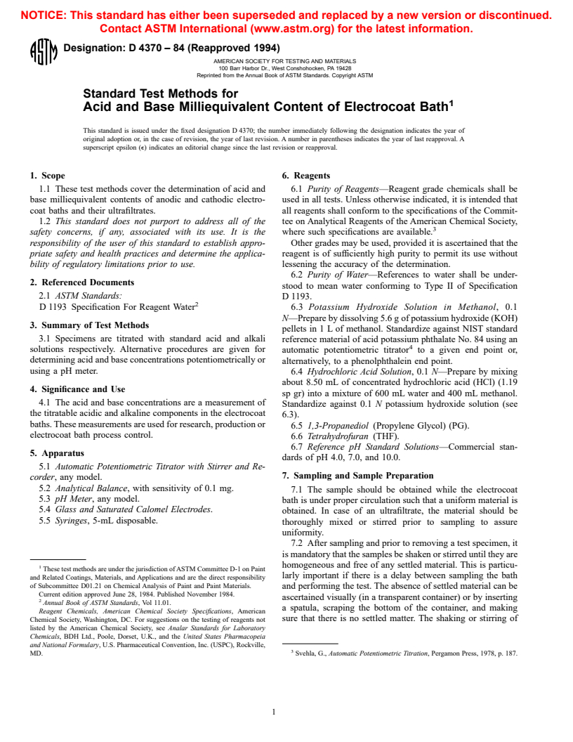 ASTM D4370-84(1994) - Standard Test Methods for Acid and Base Milliequivalent Content of Electrocoat Bath
